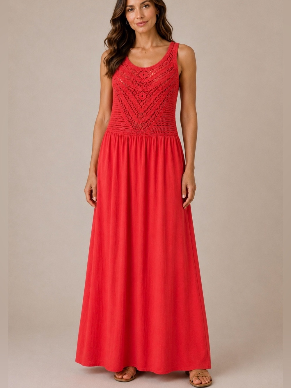 GB Gianni Bini Sz M Coral Crochet Maxi Dress Resortwear Boho EUC